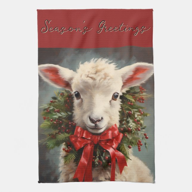 Season's Greetings Christmas Lamb Kitchen Towel Kökshandduk (Vertikal)