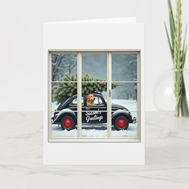 Seasons Greetings Dog Beetle Christmas Tree Window Kort (Framsida)