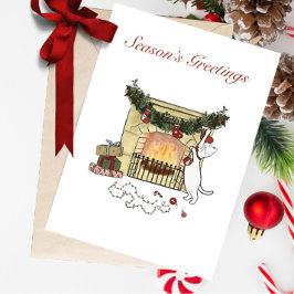Season's Greetings Fireplace Cat Greeting Card Helgkort
