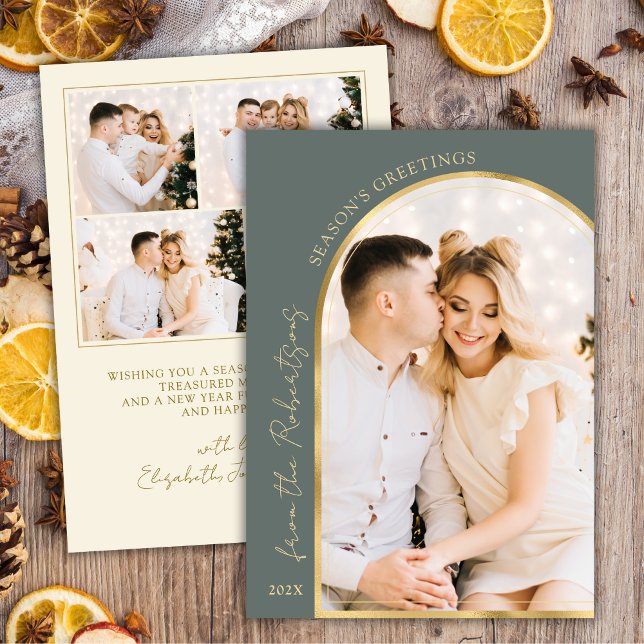 Season's Greetings Modern Gold Arch 5 Photo Green  Julkort (Skapare uppladdad)