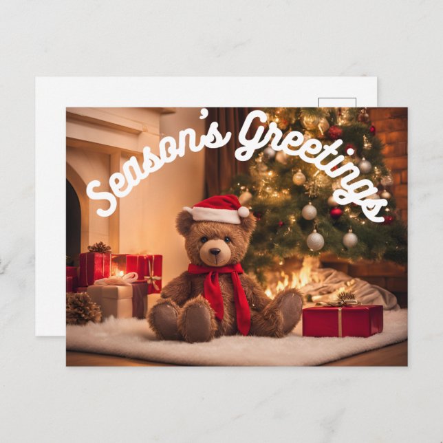 Season's Greetings Smiling Nalle Fireplace Helg Vykort (Fram/baksida)