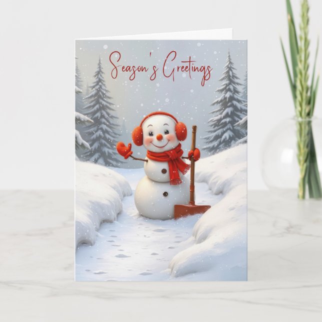 Season's Greetings Snowman with a Red Shovel Kort (Framsida)