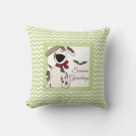 Seasons Grrreetings Hund med grönt av chevron-bakg Kudde
