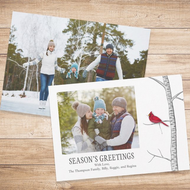 Season's Hälsning Winter Red Cardinal Two Photo Julkort (Simple winter botanical red cardinal two photo card with a minimalist design.)