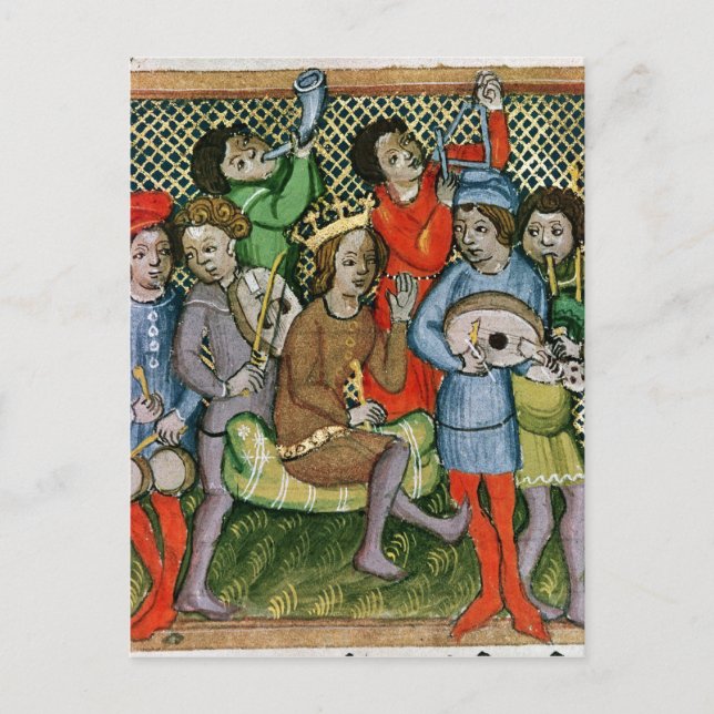 Seated krönade figuren som omgavs av musiker vykort (Framsida)