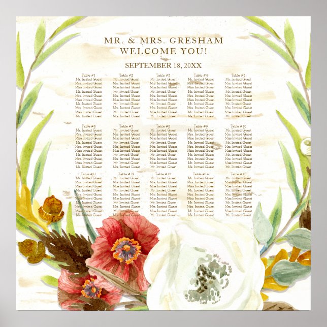 Seating Chart Rustic BOHO Bohemian Wreath Birch Poster (Framsidan)
