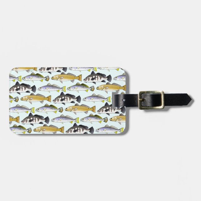 Seatrout och trummar mönster i blått bagagebricka (Horisontell Framsida)