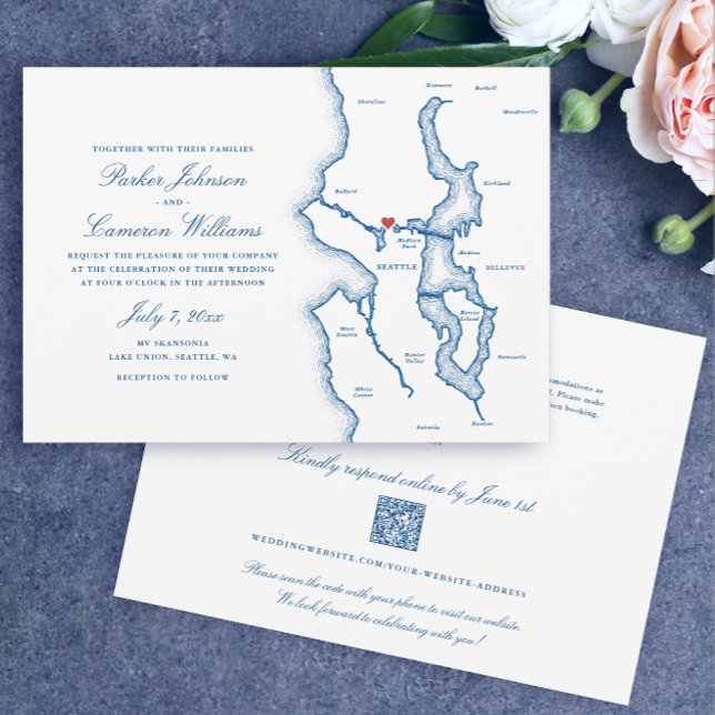 Seattle Allt-i-ett QR-kod RSVP Blå Bröllop Inbjudningar (Seattle Budget Wedding Invitations All in one, QR code RSVP elegant Navy Blue by Coastal Map Designs)