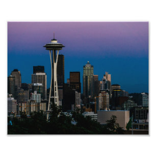 Seattle arkitektur under den purpurfärgade himmle fototryck