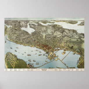 Seattle birdseye karta - 1891 (Koch) BigMapBlog Poster
