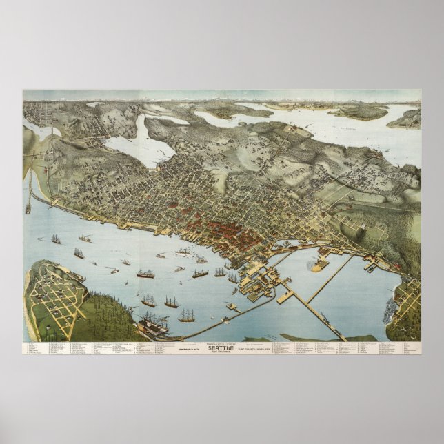 Seattle birdseye karta - 1891 (Koch) BigMapBlog Poster (Framsidan)