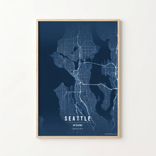Seattle Blå Karttryck Washington Stad Väggtillbehö Poster