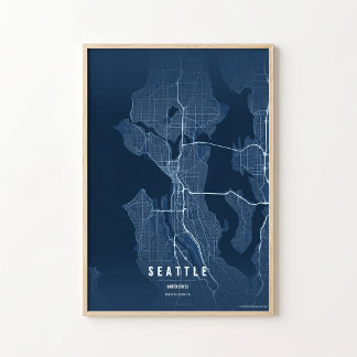 Seattle Blå Karttryck Washington Stad Väggtillbehö Poster
