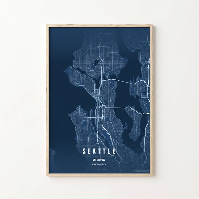 Seattle Blå Karttryck Washington Stad Väggtillbehö Poster (Skapare uppladdad)