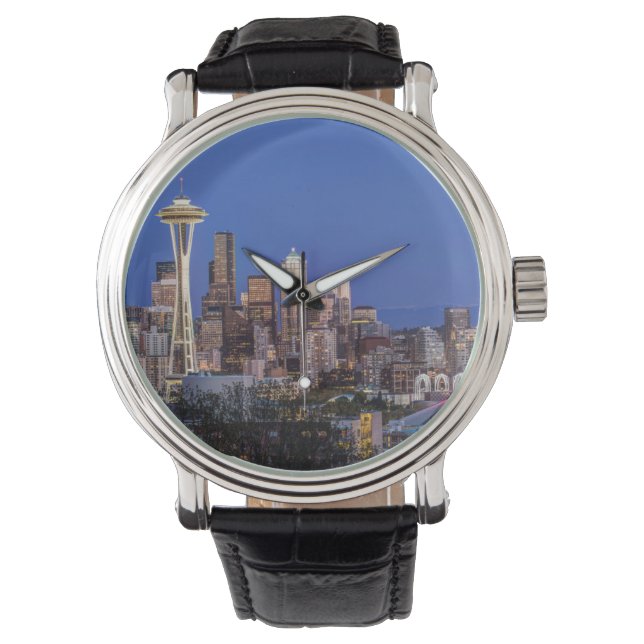Seattle, Central och Mt. Rainier i Twilight Armbandsur (Framsida)