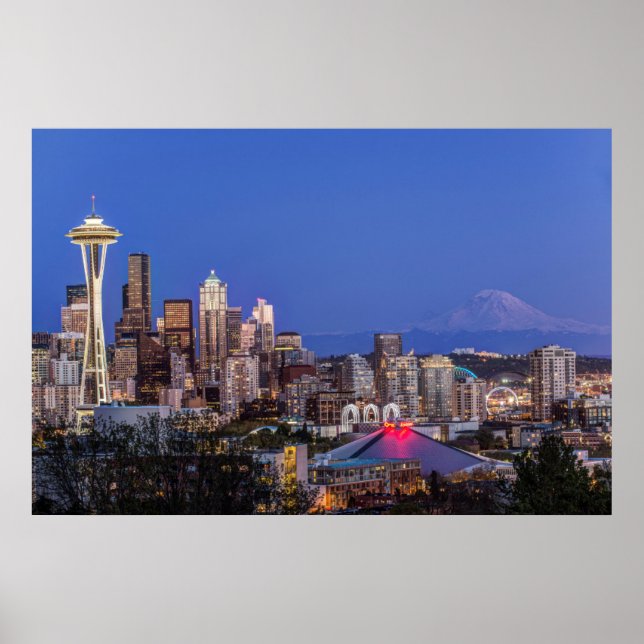 Seattle, Central och Mt. Rainier i Twilight Poster (Framsidan)