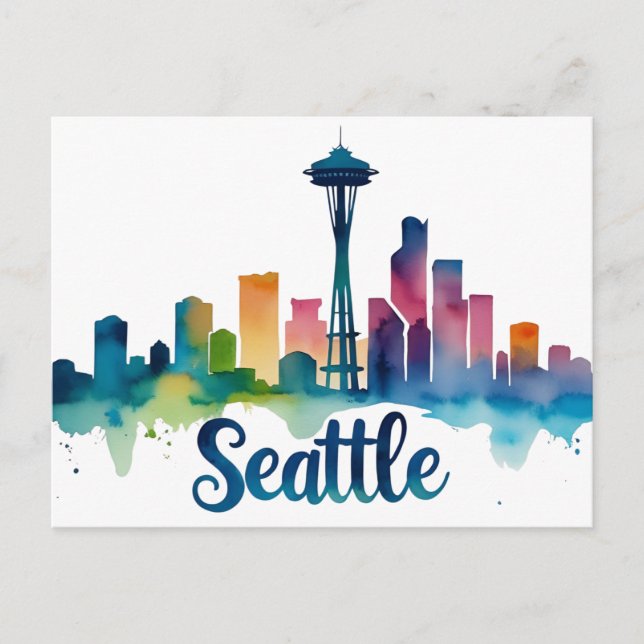 Seattle City akvarell Siluett Vykort (Framsida)