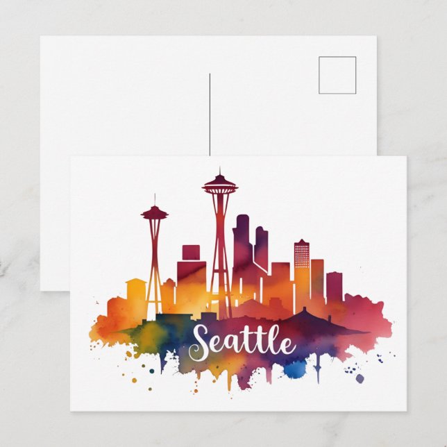 Seattle City akvarell Siluett Vykort (Fram/baksida)