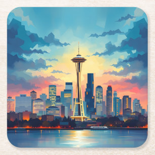 Seattle Digital Painting Skyline Underlägg set Papper Kvadrat