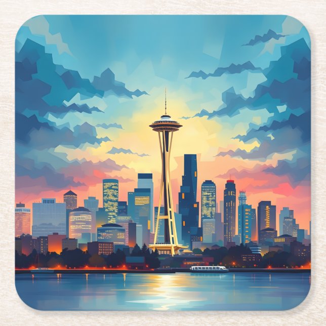 Seattle Digital Painting Skyline Underlägg set Papper Kvadrat (Framsidan)