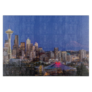 Seattle, Downtown och Mt. Rainier i skymningen