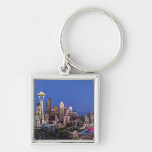 Seattle, Downtown och Mt. Rainier i skymningen Fyrkantig Silverfärgad Nyckelring