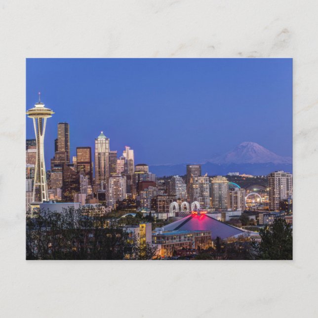 Seattle, Downtown och Mt. Rainier i skymningen Vykort (Framsida)