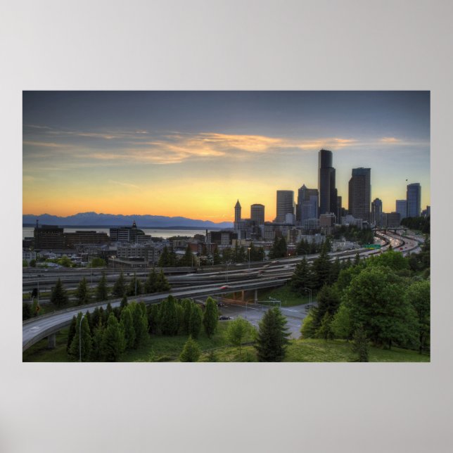 Seattle Downtown Skyline vid Sunset Poster (Framsidan)