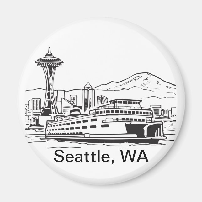 Seattle Ferry & Skyline Line Art Washington Magnet (Framsidan)
