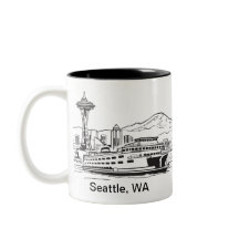 Seattle Ferry & Skyline Line Art Washington