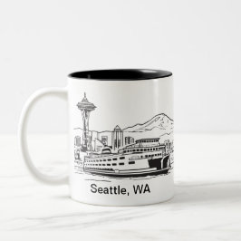 Seattle Ferry & Skyline Line Art Washington Två-Tonad Mugg