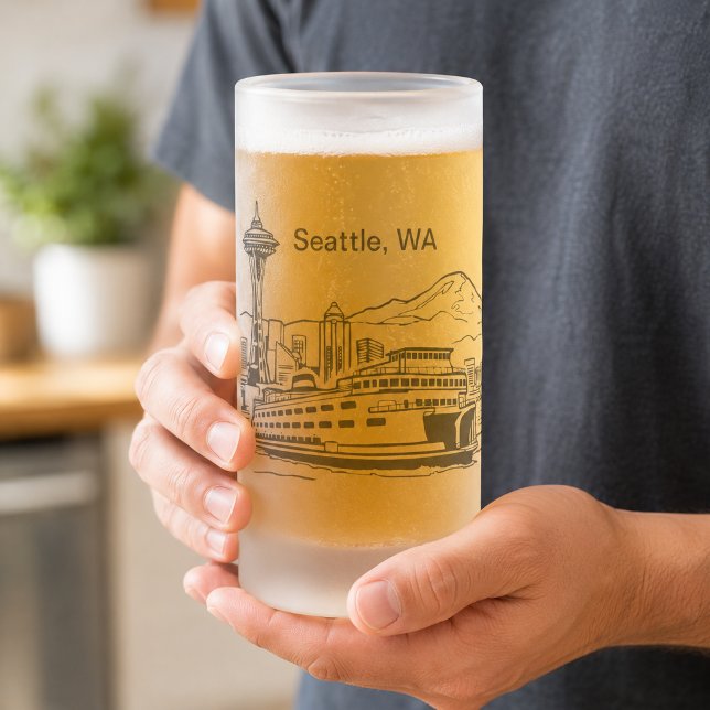Seattle Ferry & Skyline Linje Konst Washington Sta Frostat Ölglas (Seattle Ferry & Skyline Line Art Washington State Frosted Glass Beer Mug)