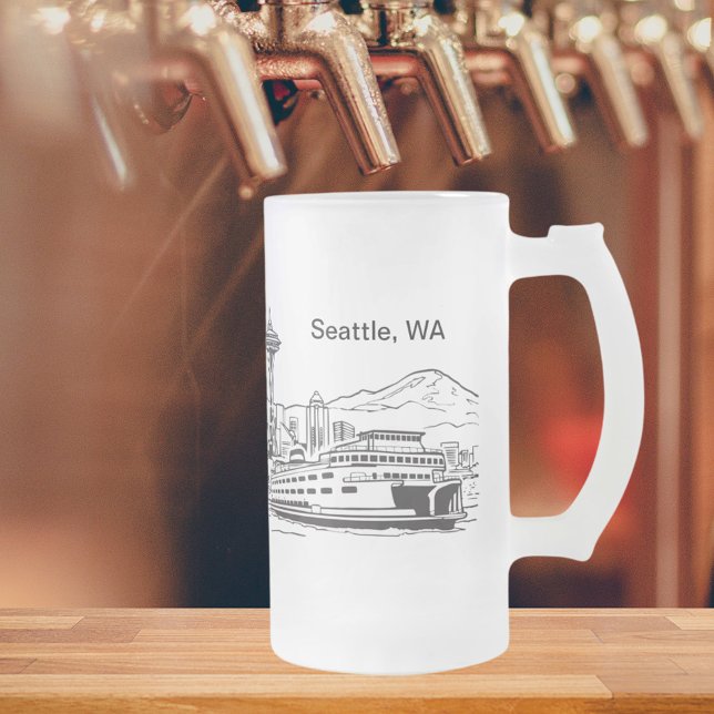 Seattle Ferry & Skyline Washington State Line Art Frostat Ölglas (Seattle Ferry & Skyline Washington State Line Art Frosted Glass Beer Mug)