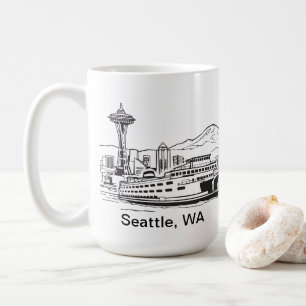 Seattle Ferry & Skyline Washington State Line Art Kaffemugg