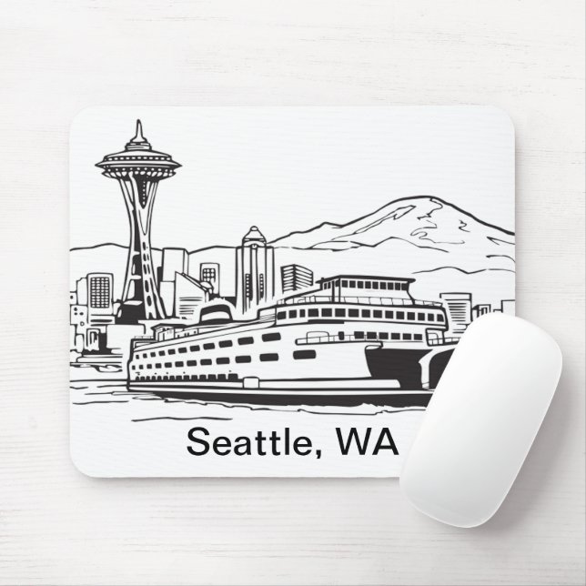 Seattle Ferry & Skyline Washington State Line Art Musmatta (Med mus)