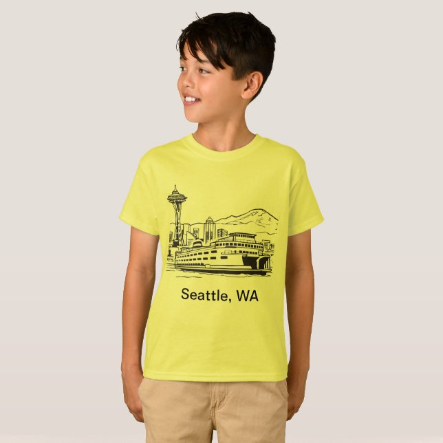Seattle Ferry & Skyline Washington State Line Art T Shirt (Hel framsida)