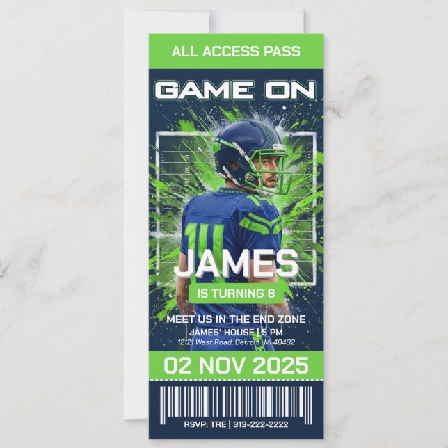 Seattle Football Ticket Birthday Invitation Inbjudningar (Framsida)