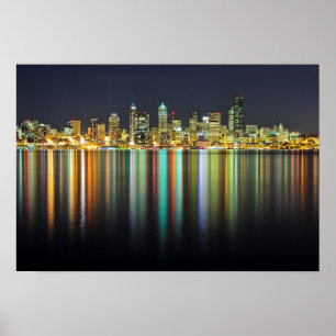 Seattle horisont på natten med reflexion poster