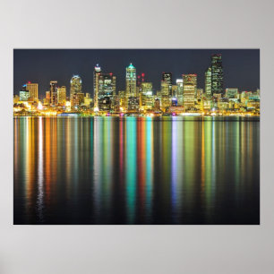 Seattle horisont på natten med reflexion poster