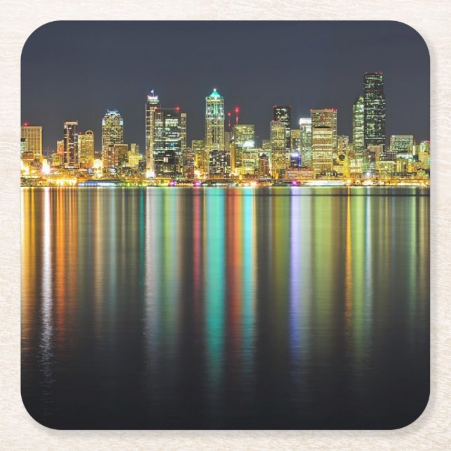 Seattle horisont på natten med reflexion underlägg papper kvadrat (Framsidan)