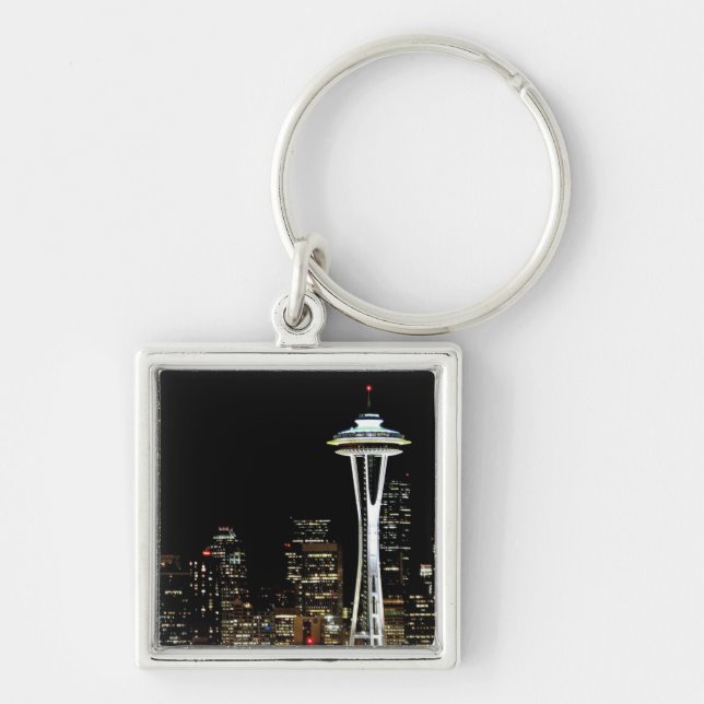 Seattle horisont på natten, med utrymmevisaren fyrkantig silverfärgad nyckelring (Framsidan)