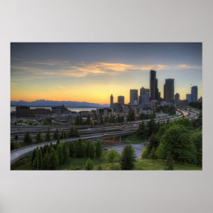 Seattle i stadens centrum horisont på solnedgången poster