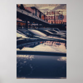 Seattle ikoniska Pike Market Center vid solnedgång Poster