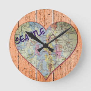 Seattle Karta Heart Rund Klocka