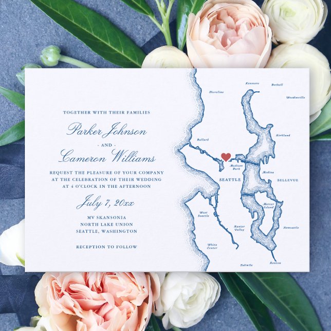 Seattle Lake Washington Karta Elegant Marinbröllop Inbjudningar (Seattle Lake Washington Wedding Invitation in Elegant Navy Blue from Coastal Map Designs)