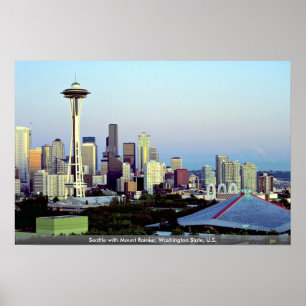 Seattle med Mount Rainier, stat Washington, U.S. Poster