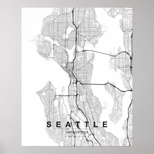 Seattle Minimalistisk Karta (Svart & Vitt) Poster (Framsidan)
