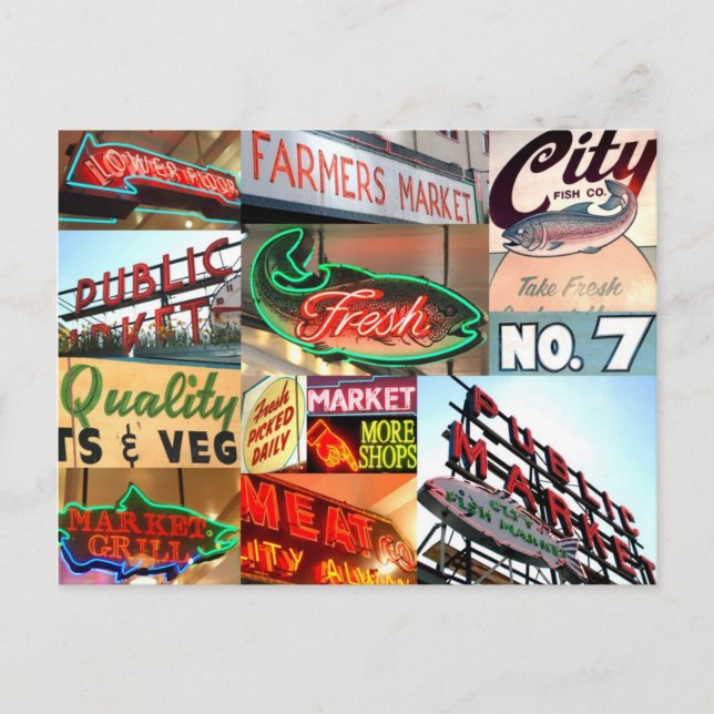 Seattle Public Market Typography-vykort Vykort (Framsida)