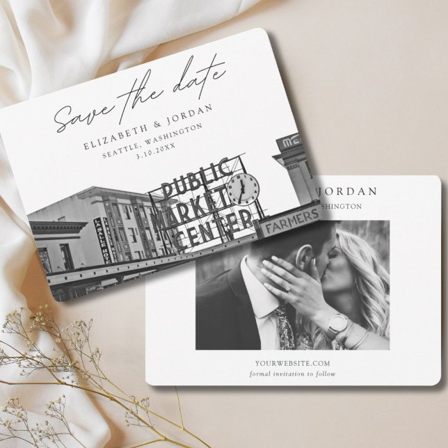 Seattle Save Date Public Market Black & White Inbjudningar (Pikes Place Wedding Venue Save the Date)