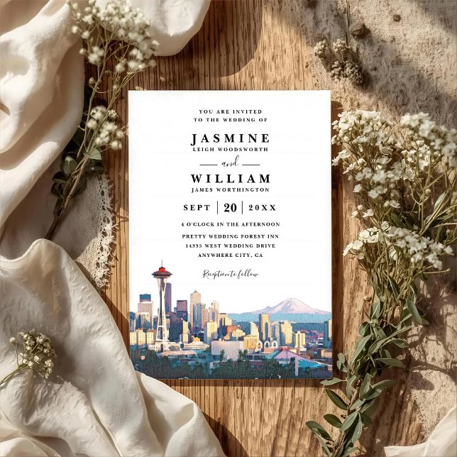 SEATTLE Siluett Destination Modern QR-kod Bröllop Inbjudningar (Skapare uppladdad)